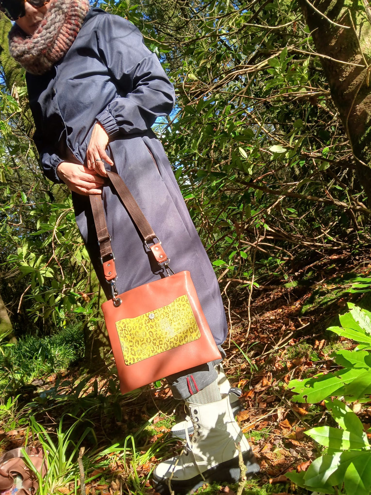 Sack Bag – Brown Leather with Leopard Print Pocket