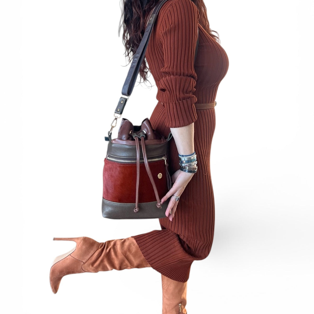 Green & Brown Rustic Hair-on Leather Bucket Bag – INAKSY