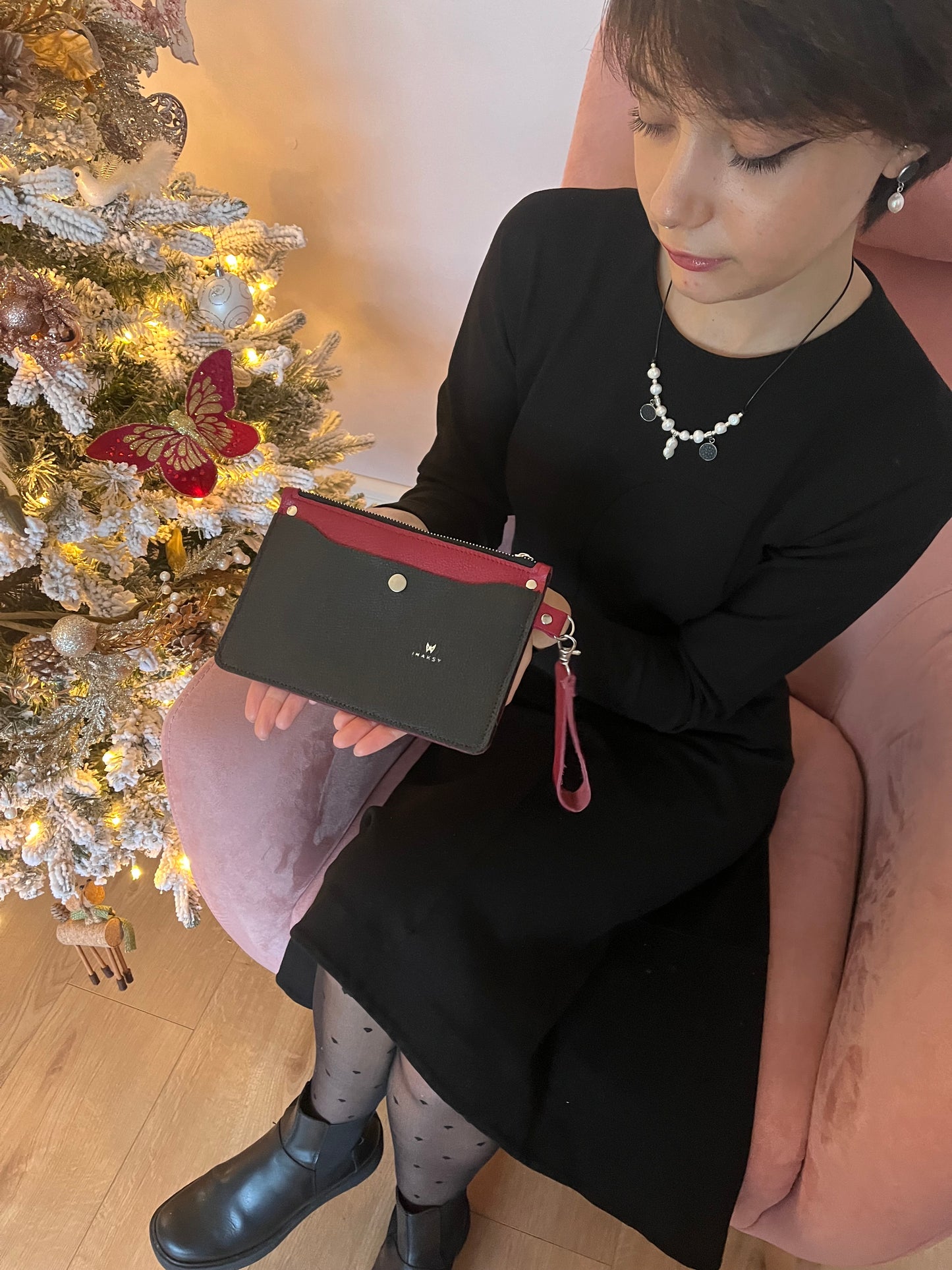 Burgundy Cowhide Italian Leather Wallet Clutch with Black Leather Front Pocket