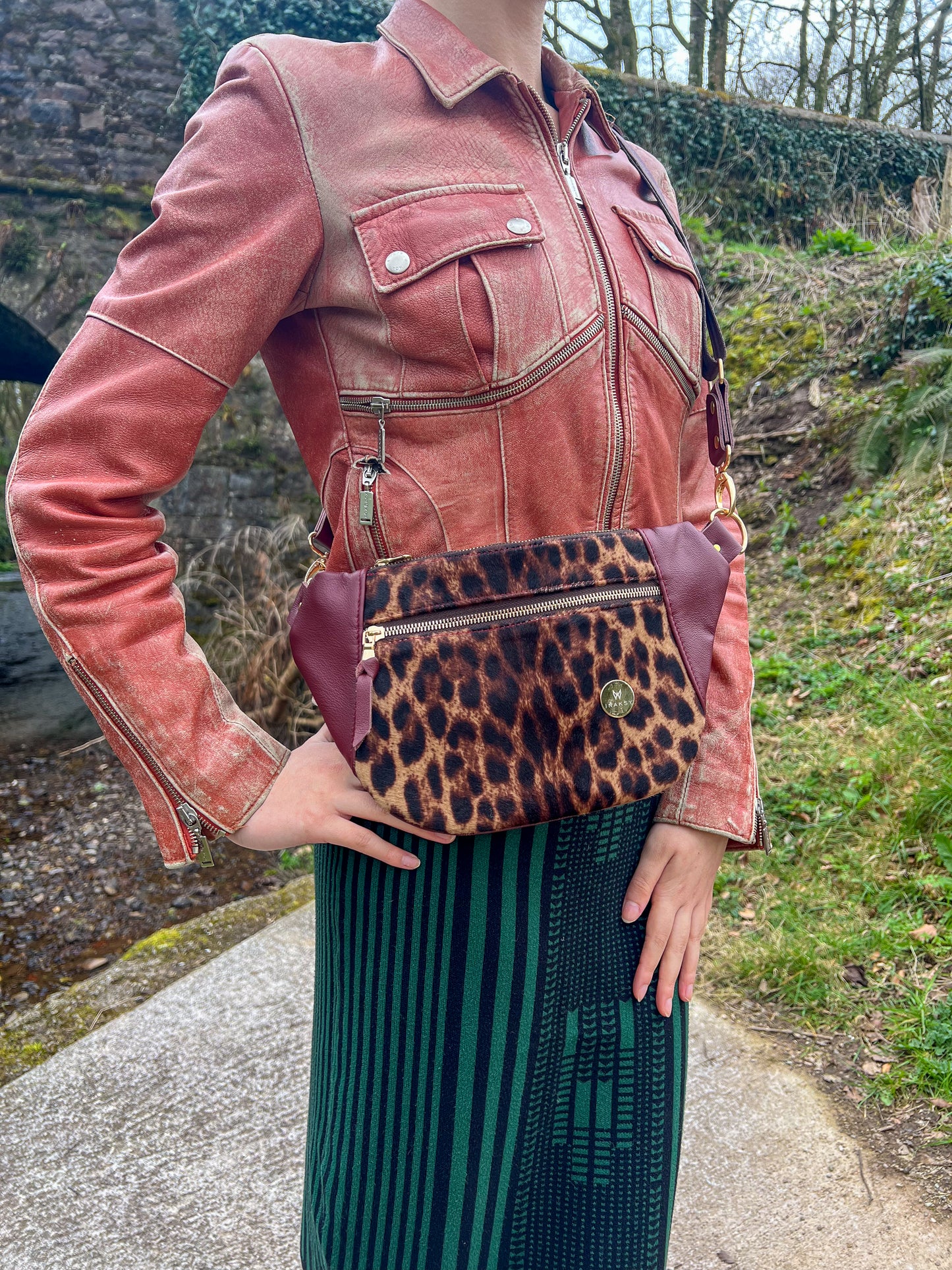 Leather Burgundy and Leopard Print Sleek Bag