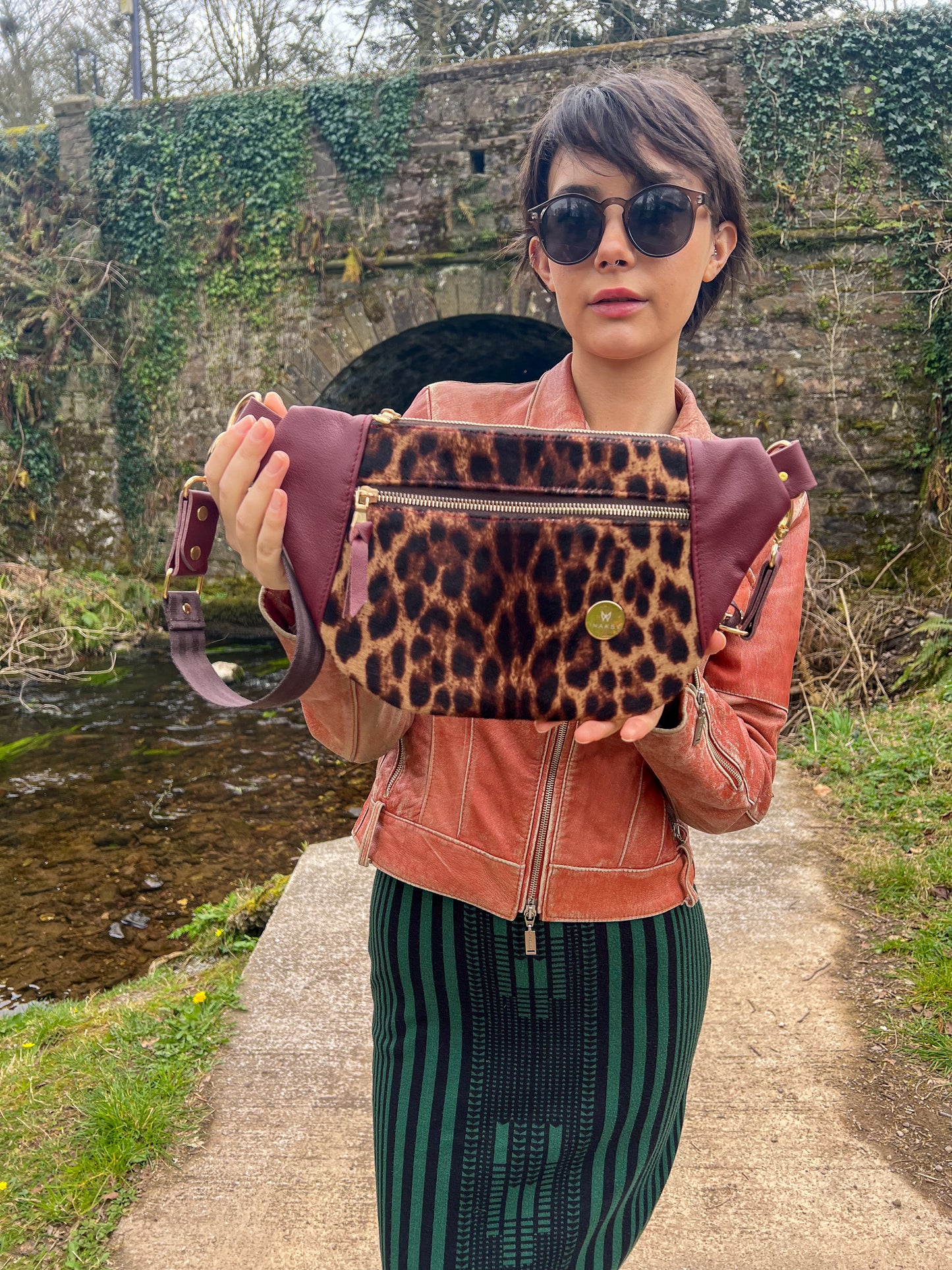 Leather Burgundy and Leopard Print Sleek Bag