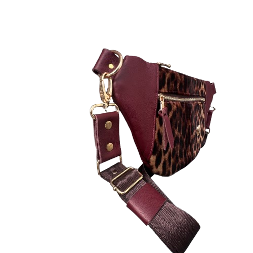 Leather Burgundy and Leopard Print Sleek Bag