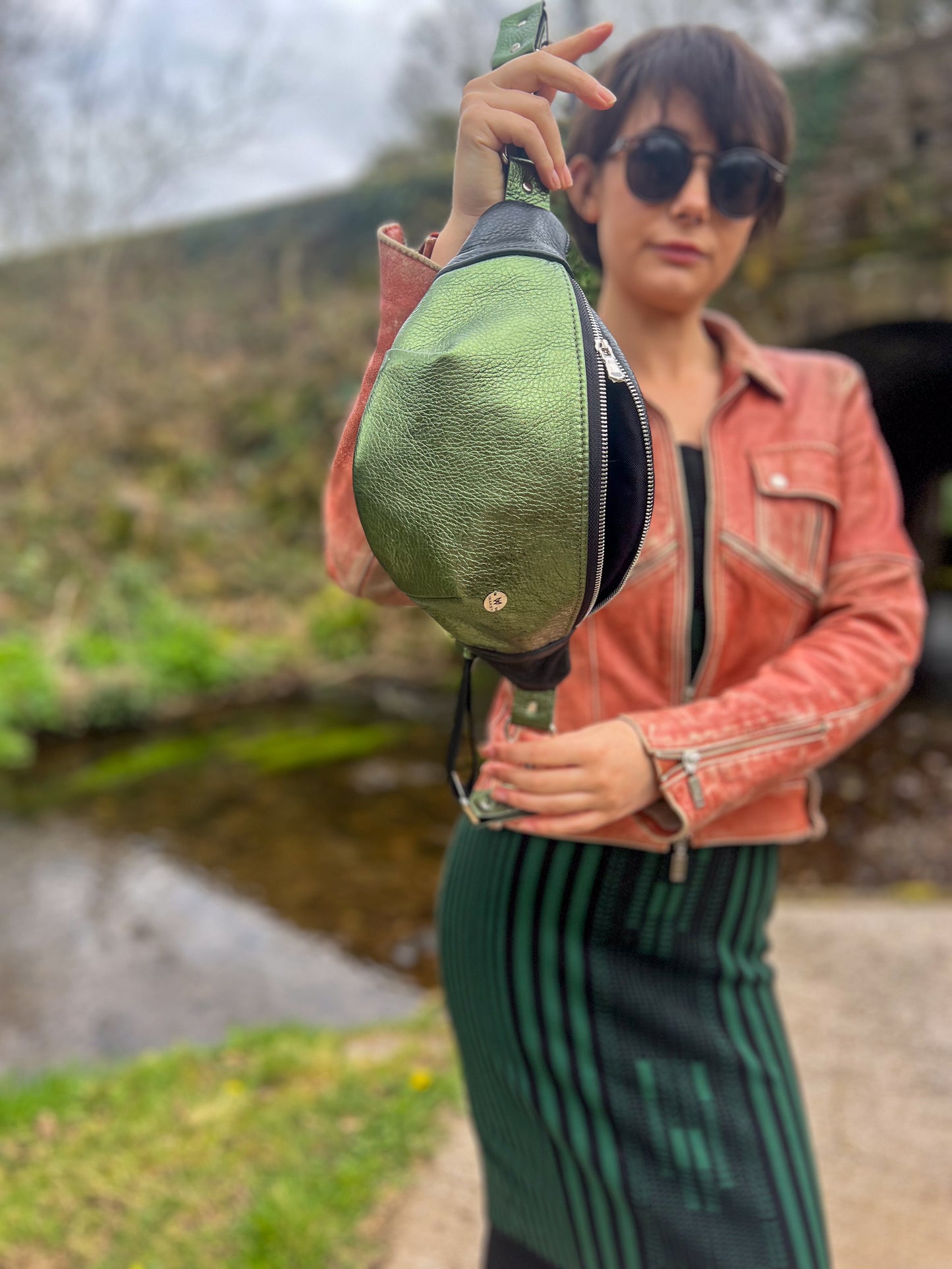 Leather Black and Green Bum Bag