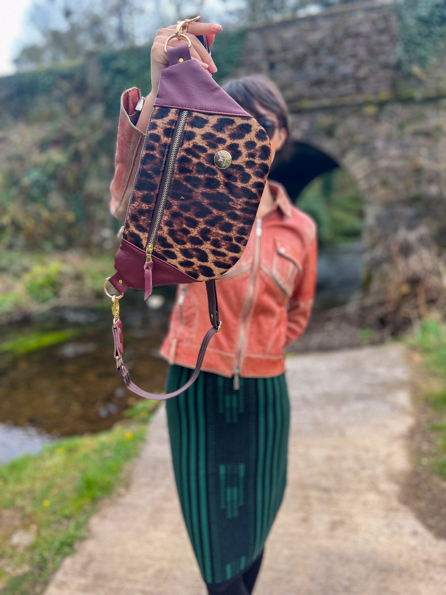 Leather Burgundy and Leopard Print Sleek Bag