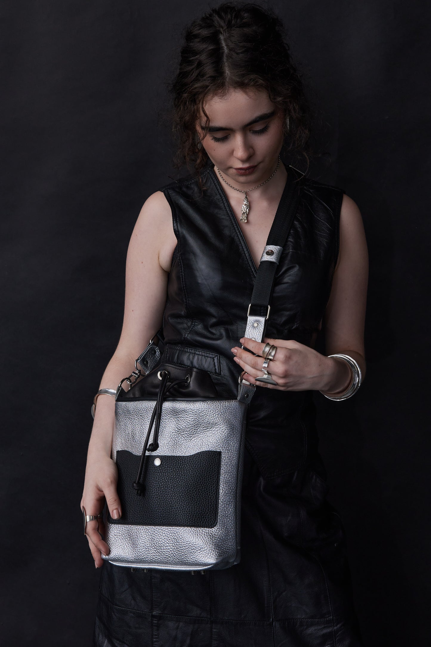 Twinkle Pop Bucket Bag – Metallic Silver Cowhide Leather, Winter Sparkle, Handmade Limited Edition