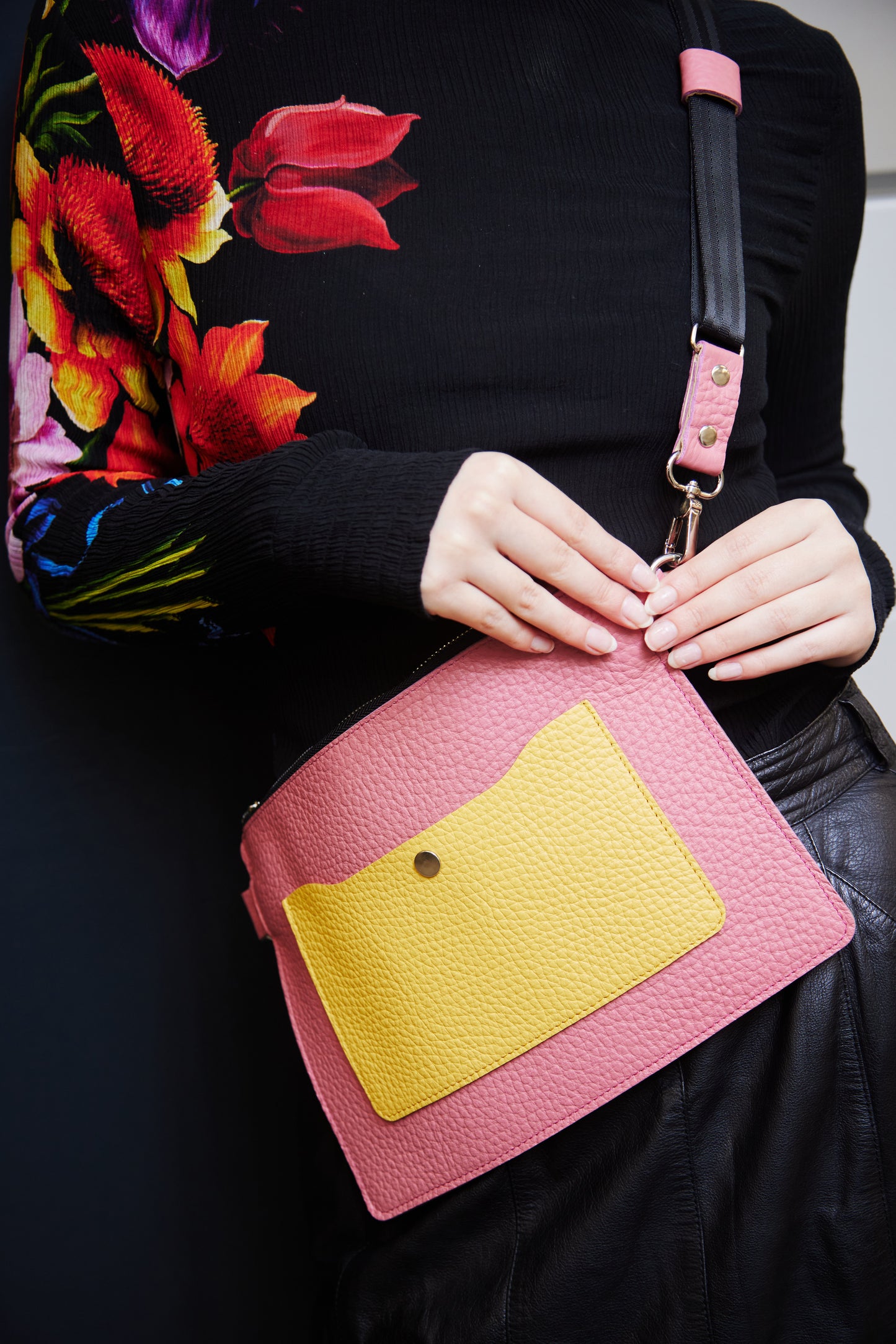 Leather Pink & Orange Crossbody Bag for Woman