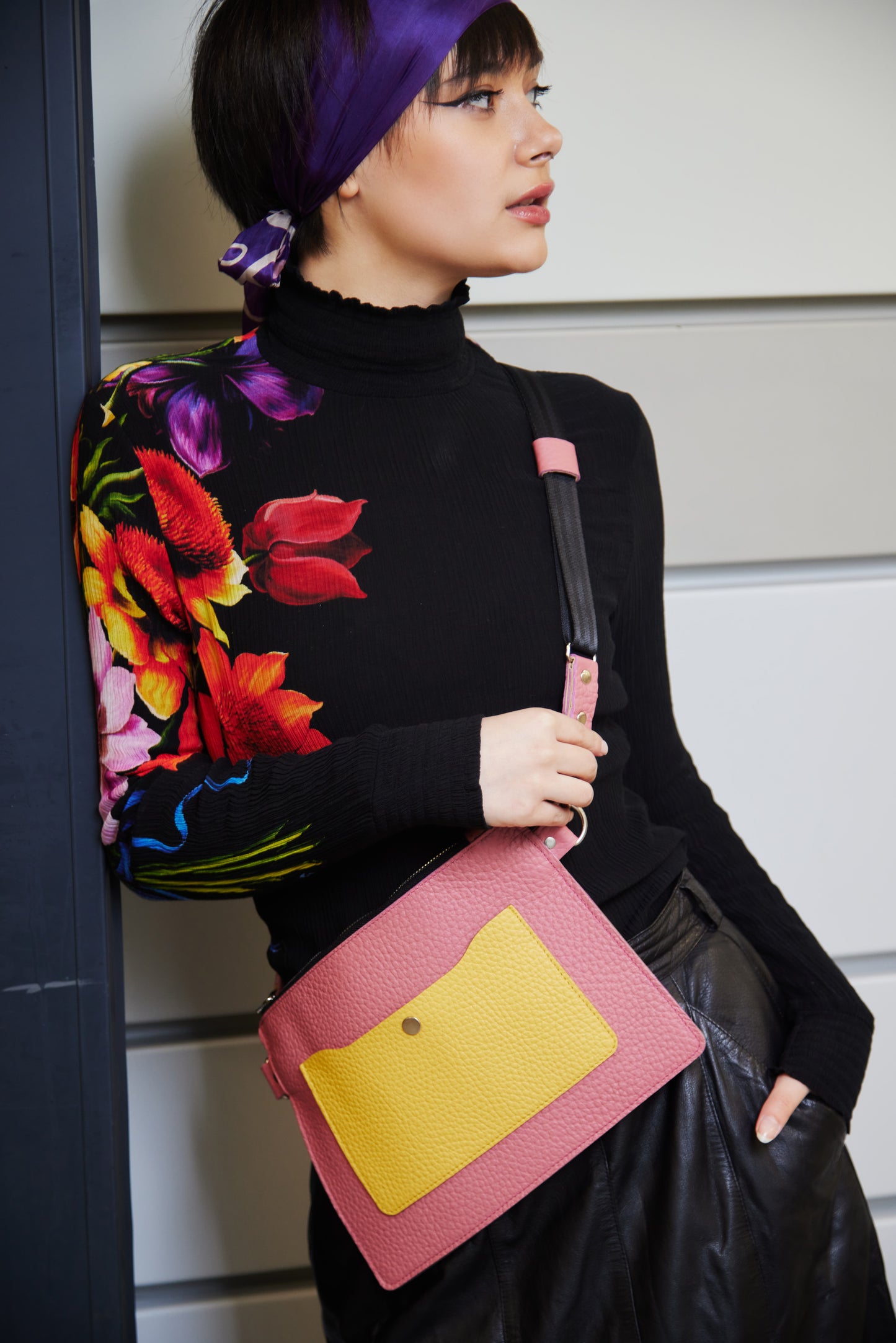 Leather Pink & Orange Crossbody Bag for Woman