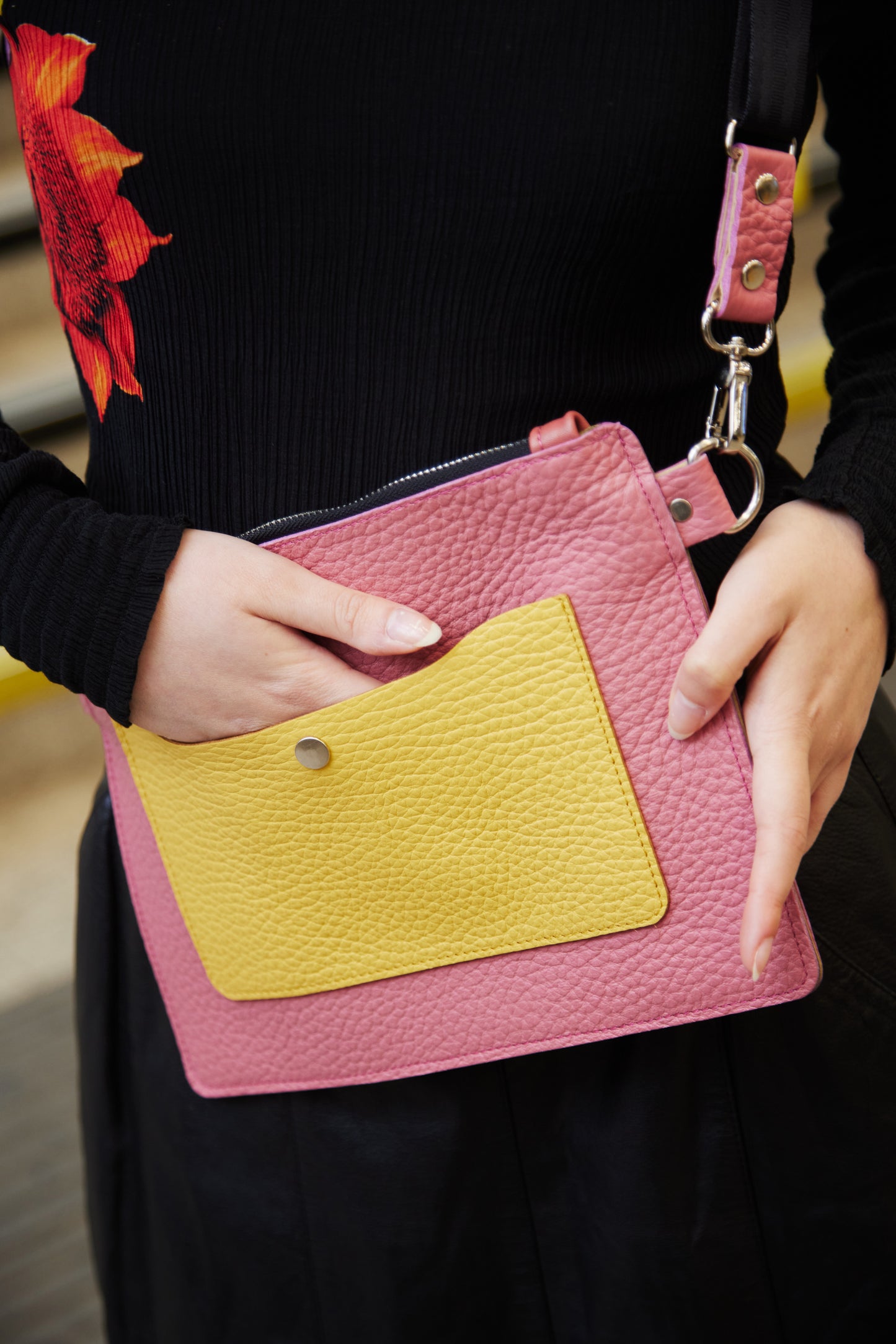 Leather Pink & Orange Crossbody Bag for Woman