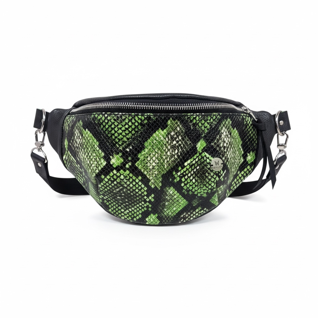 Python Print Leather Bum Bag  (Green & Black)
