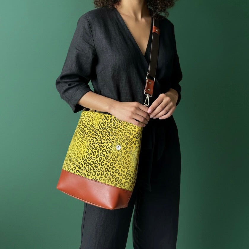 Trapezoid Bag –  Yellow Hair On Leopard Print Leather Bag
