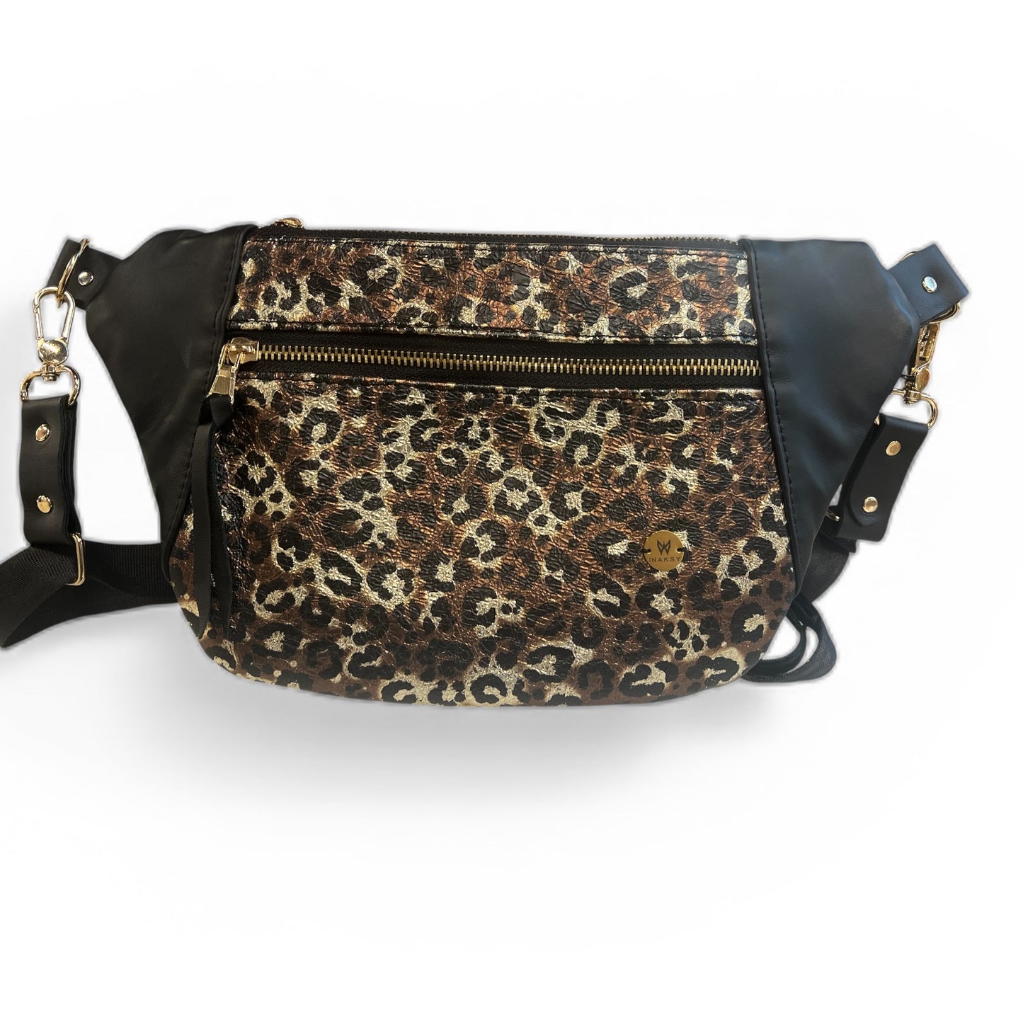Màla Sleek – Genuine Cowhide Leather Bag in Black, Gold & Brown Leopard Print