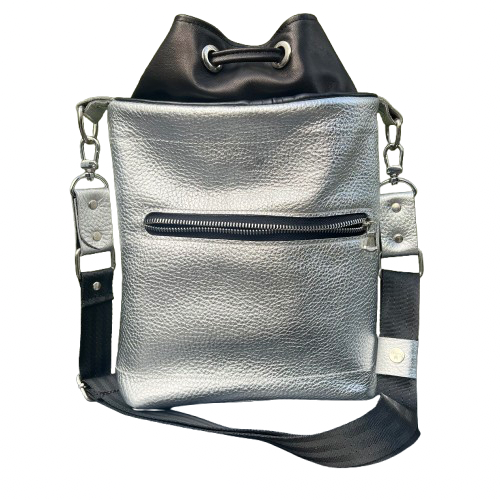 Twinkle Pop Bucket Bag – Metallic Silver Cowhide Leather, Winter Sparkle, Handmade Limited Edition