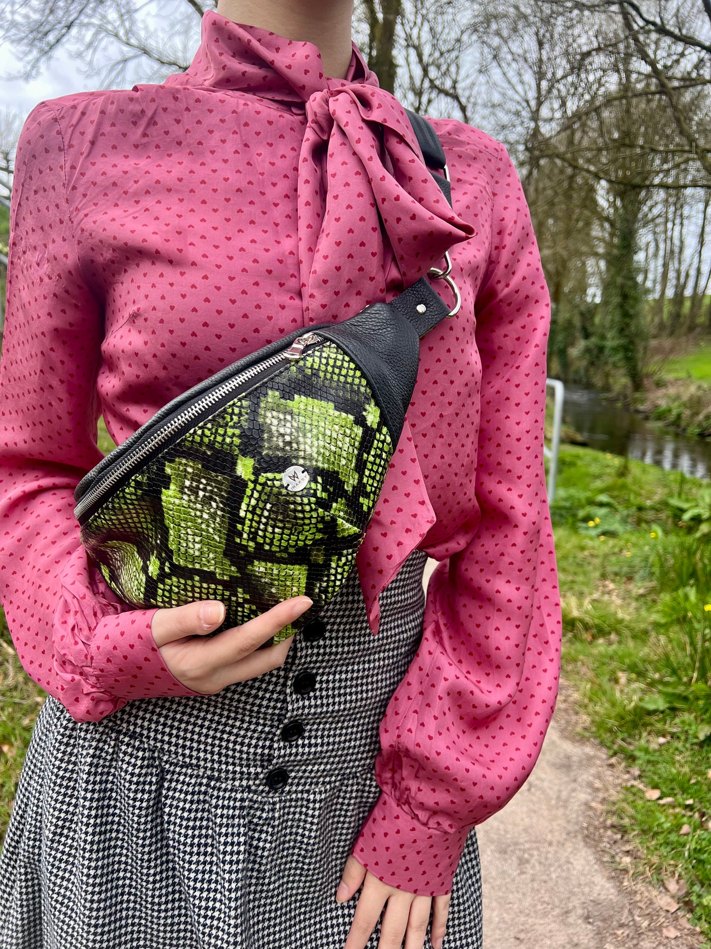 Python Print Leather Bum Bag  (Green & Black)