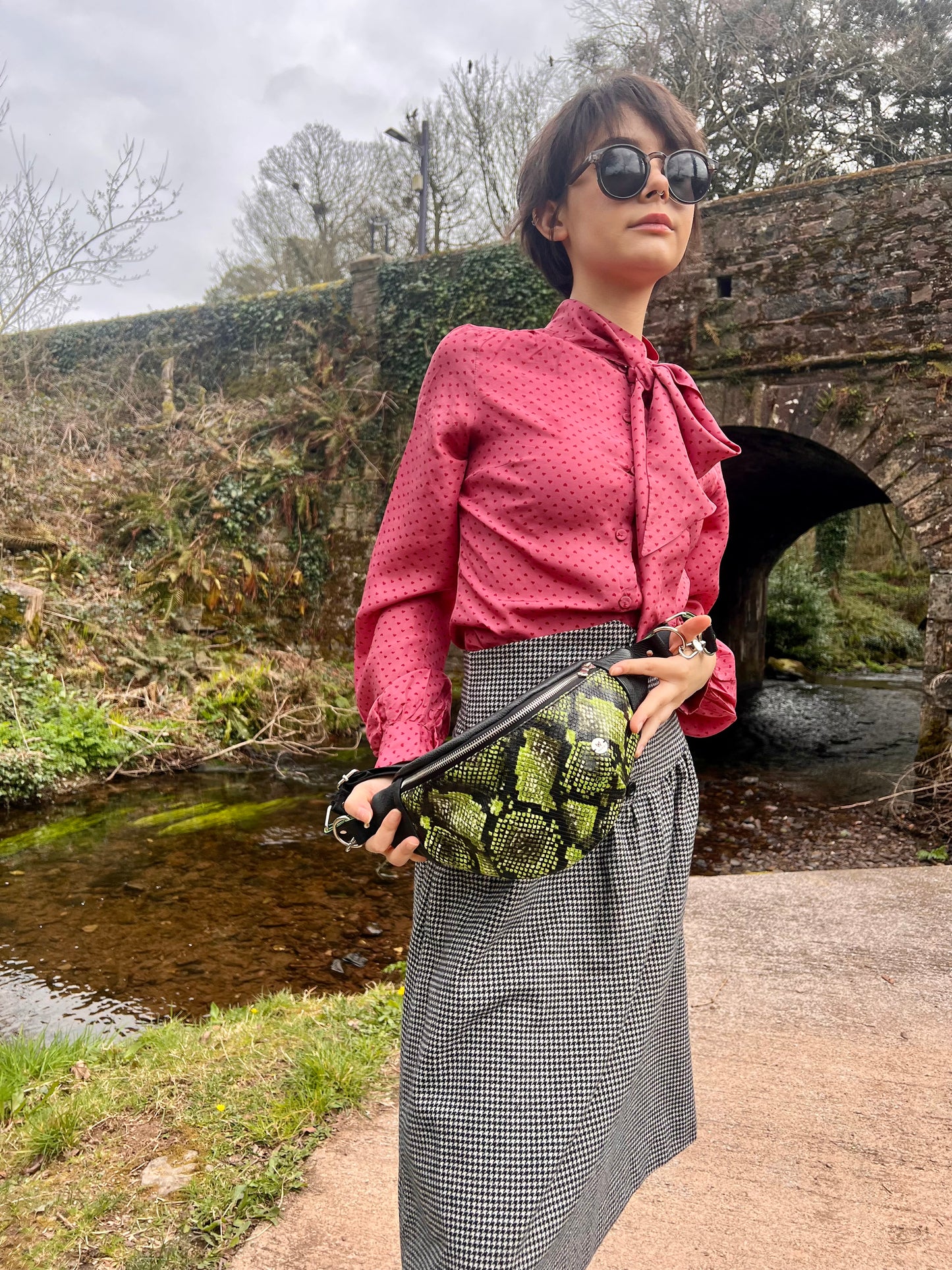 Python Print Leather Bum Bag  (Green & Black)