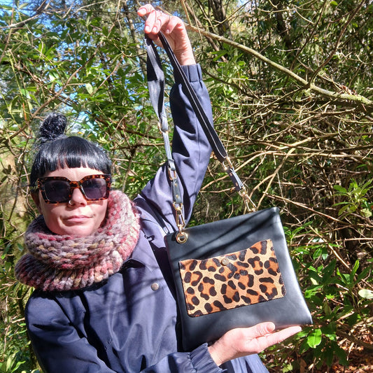 Sack Bag – Black Leather with Leopard Print Pocket