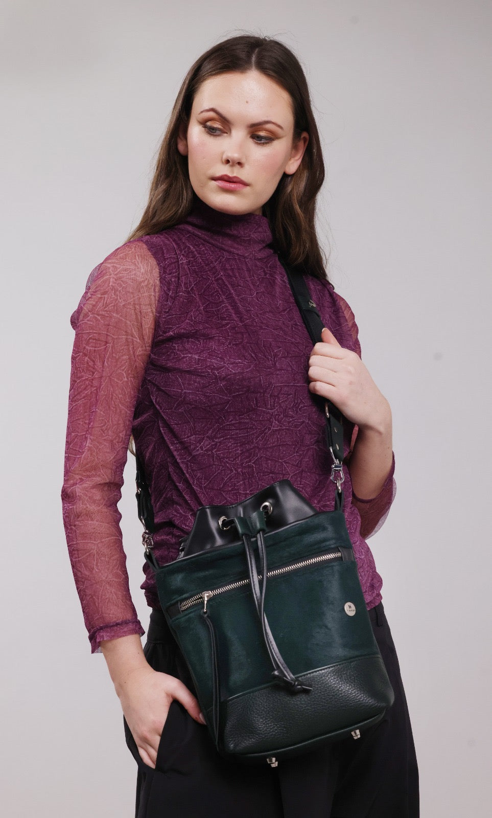 Forest Green and Hair On Cowhide Leather  Bucket Bag