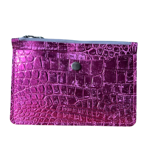 Pink Croc-Effect Leather Pouch