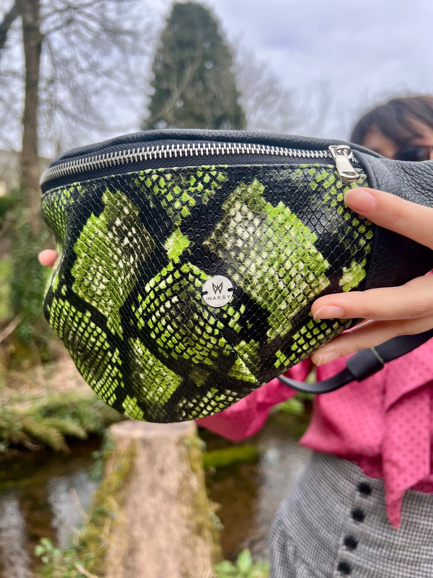 Python Print Leather Bum Bag  (Green & Black)