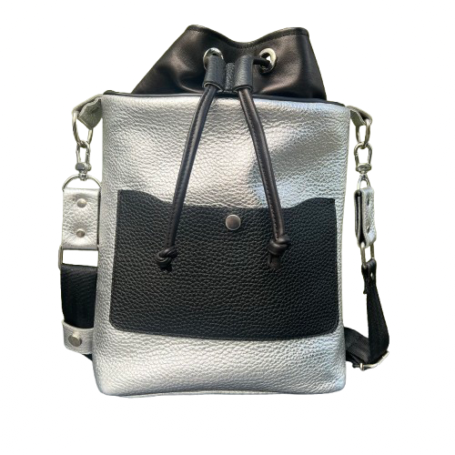 Twinkle Pop Bucket Bag – Metallic Silver Cowhide Leather, Winter Sparkle, Handmade Limited Edition