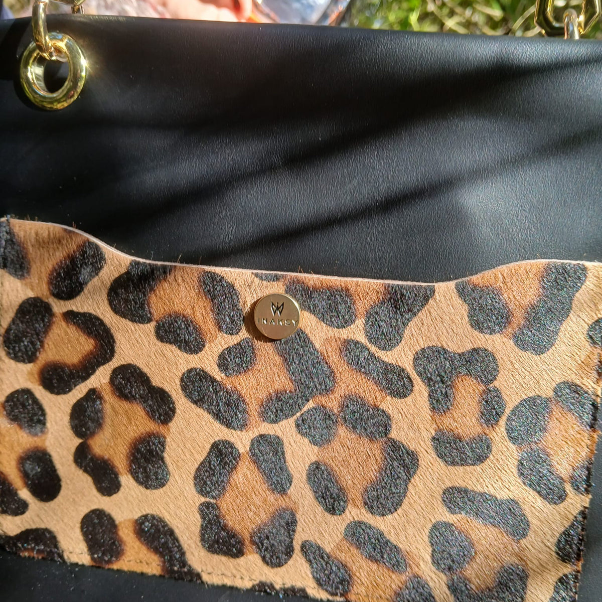 Sack Bag – Black Leather with Leopard Print Pocket