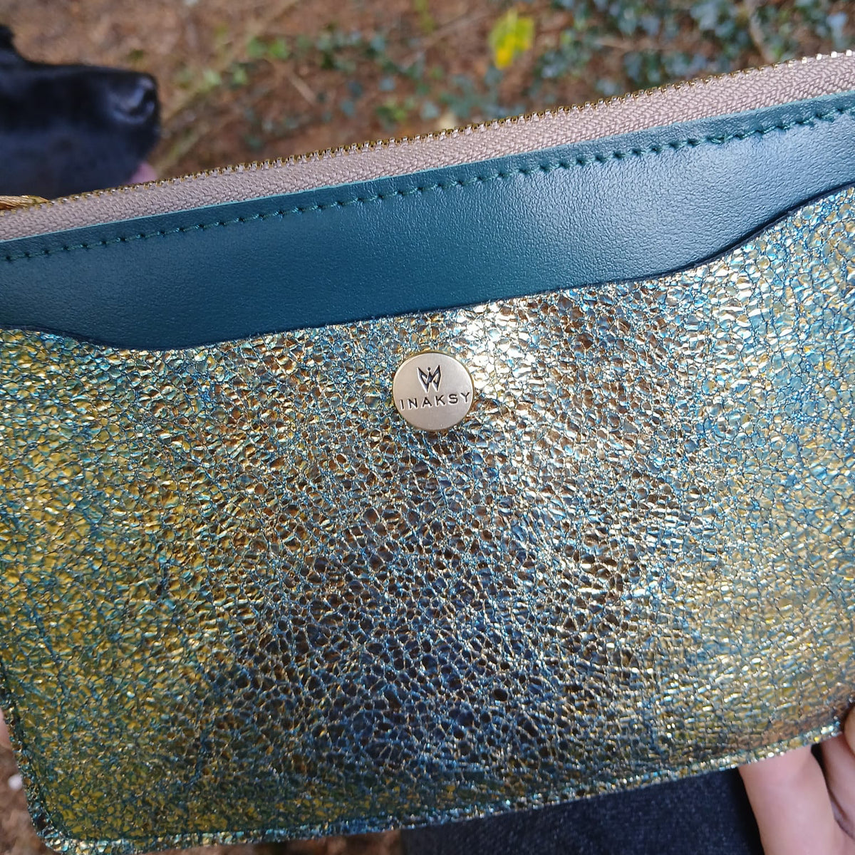 Green Sparkle Italian Leather Clutch Wallet – Gold & Blue
