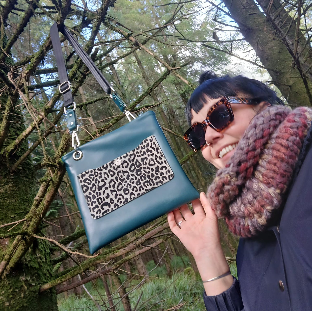 Sack Bag – Leopard Print Leather with Forest Green Tail