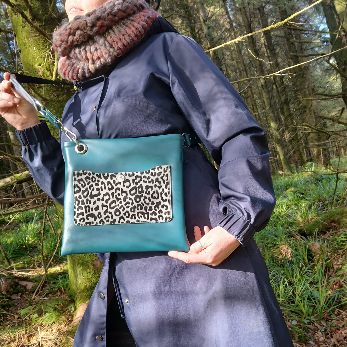 Sack Bag – Leopard Print Leather with Forest Green Tail