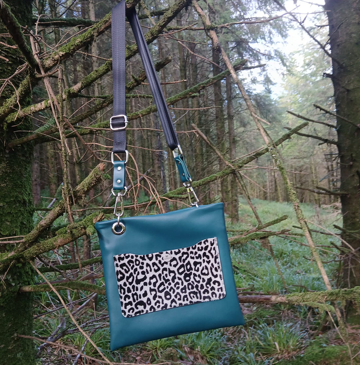 Sack Bag – Leopard Print Leather with Forest Green Tail