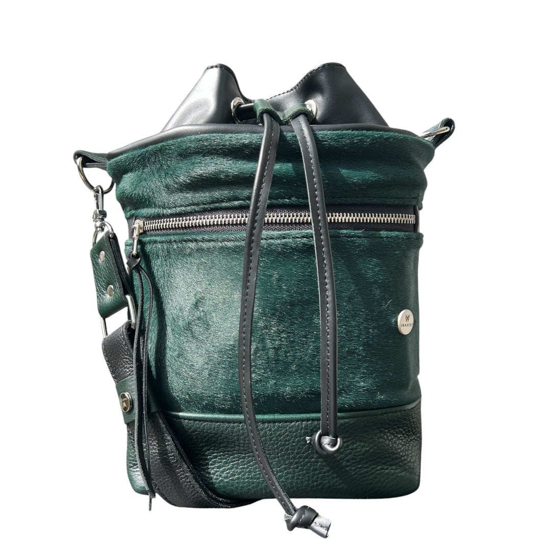 Forest Green and Hair On Cowhide Leather  Bucket Bag