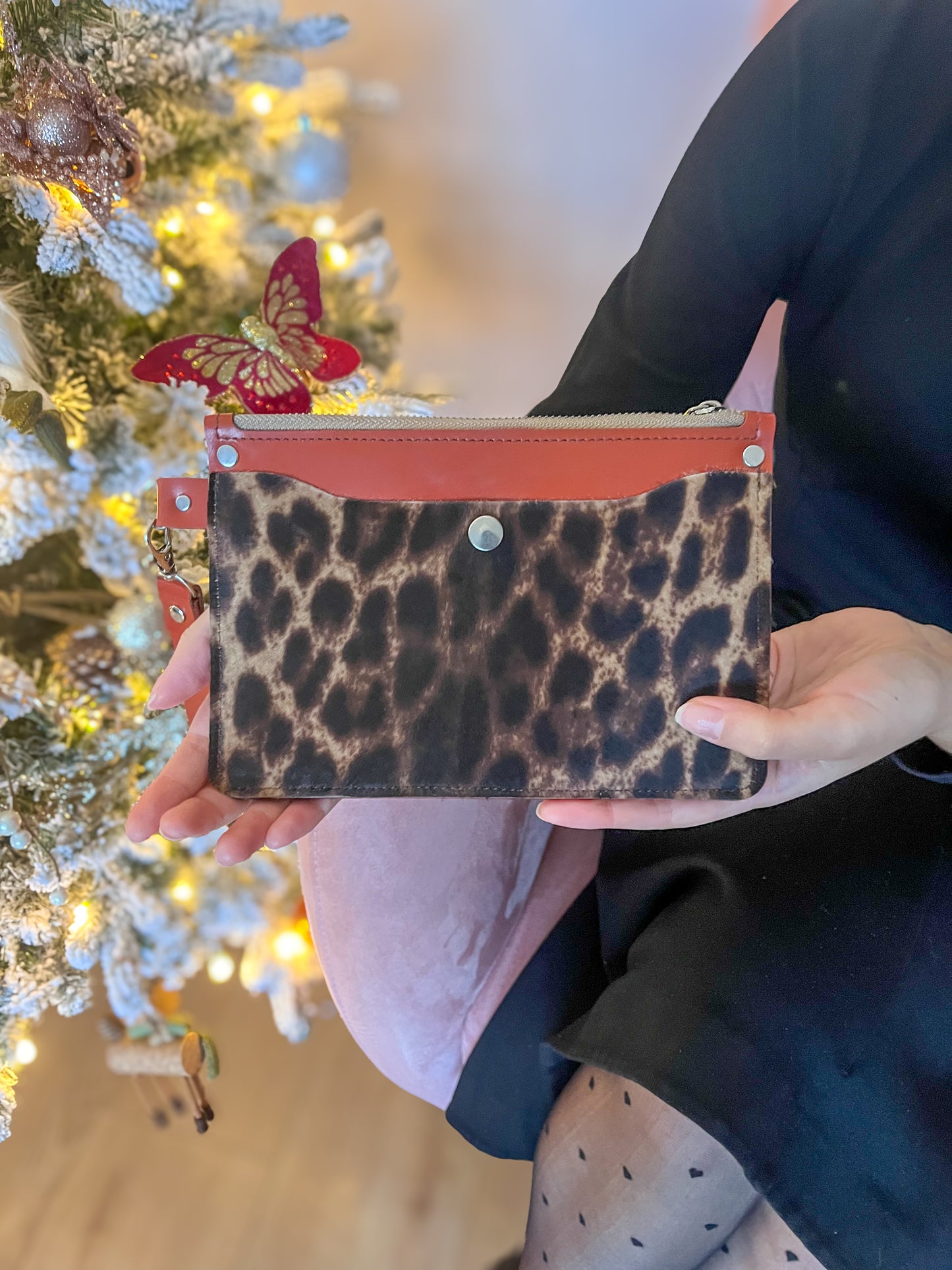 Rustic Brown Italian Leather Wallet Clutch with Leopard Print Leather Front Pocket