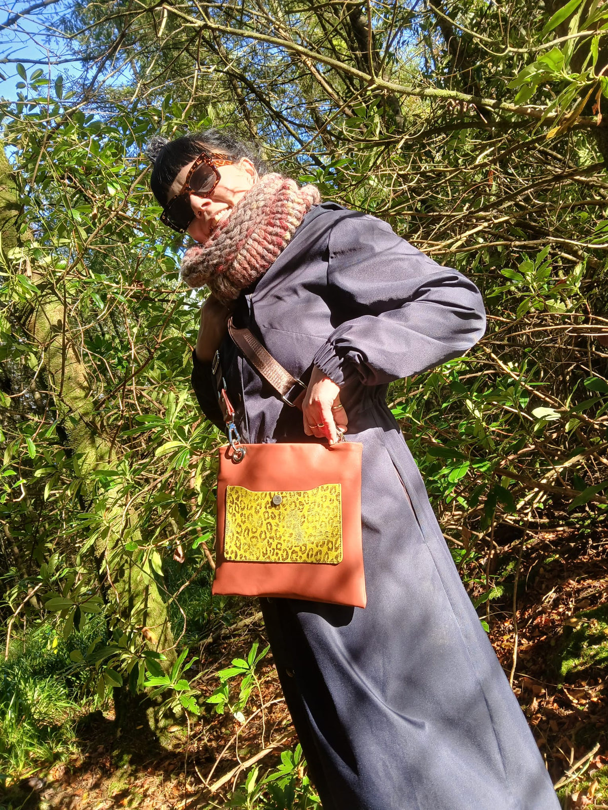 Sack Bag – Brown Leather with Leopard Print Pocket