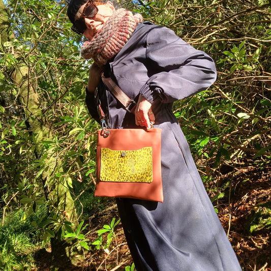 Sack Bag – Brown Leather with Leopard Print Pocket