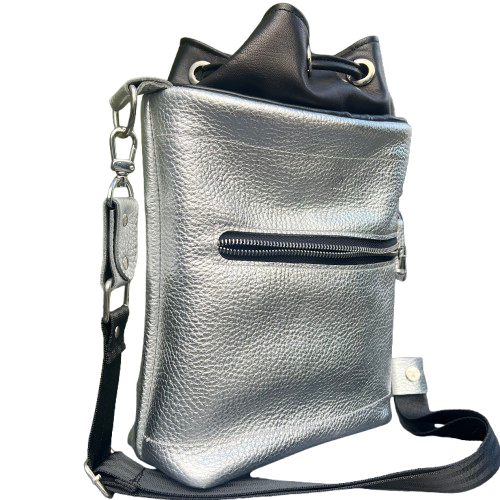 Twinkle Pop Bucket Bag – Metallic Silver Cowhide Leather, Winter Sparkle, Handmade Limited Edition