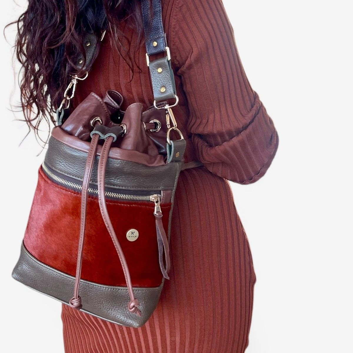 Green & Brown Rustic Hair-on Leather Bucket Bag – INAKSY