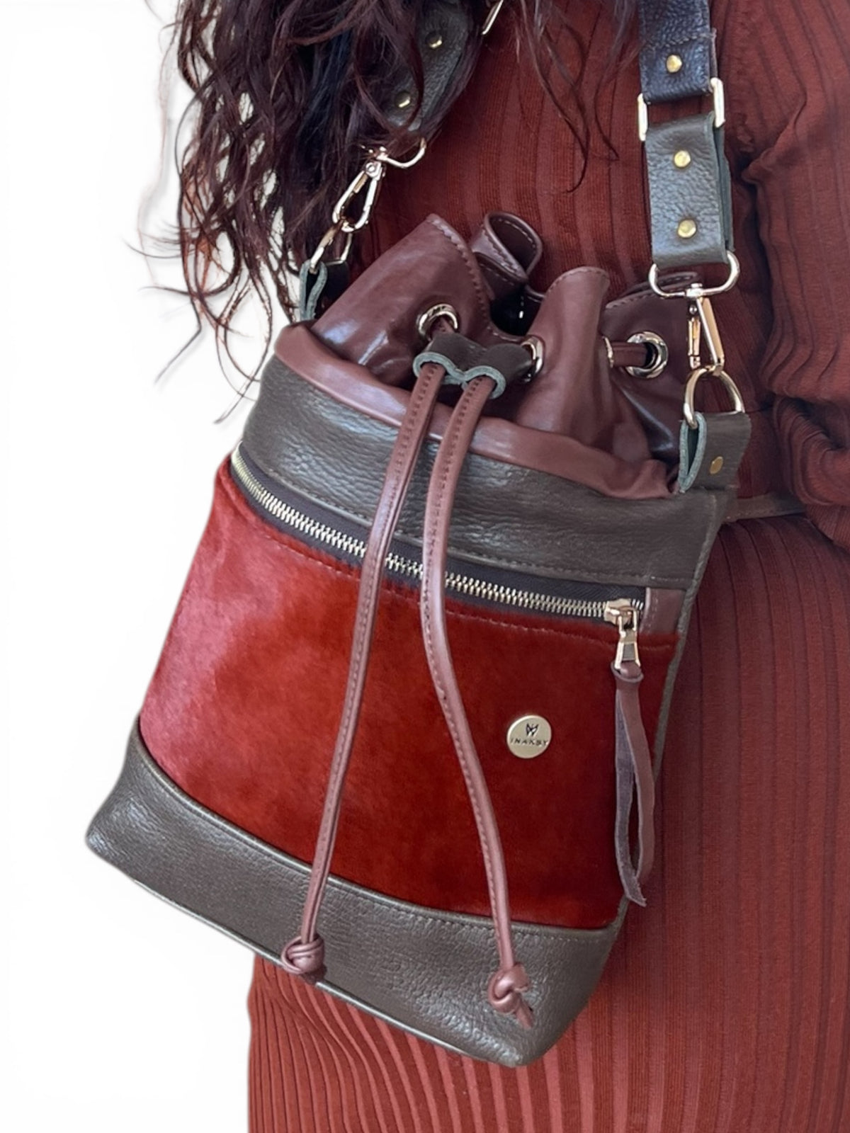 Green & Brown Rustic Hair-on Leather Bucket Bag – INAKSY