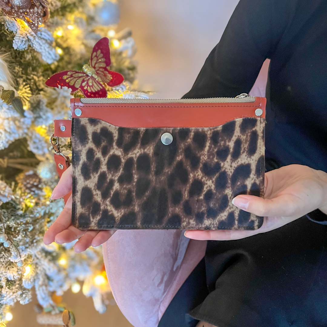 Rustic Brown Italian Leather Wallet Clutch with Leopard Print Leather Front Pocket