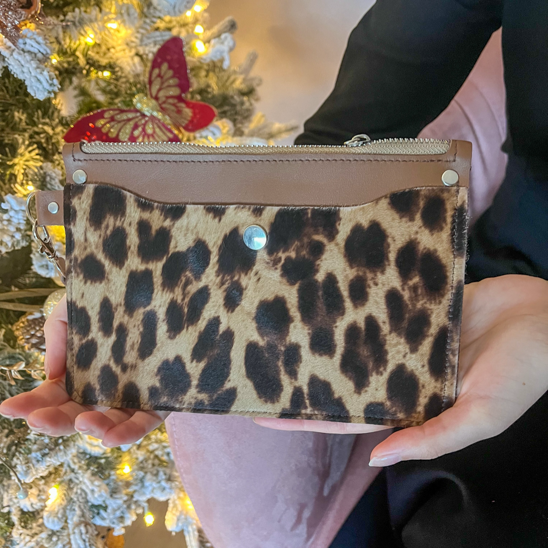 Brown Italian Leather Wallet Clutch with Leopard Print Leather Front Pocket