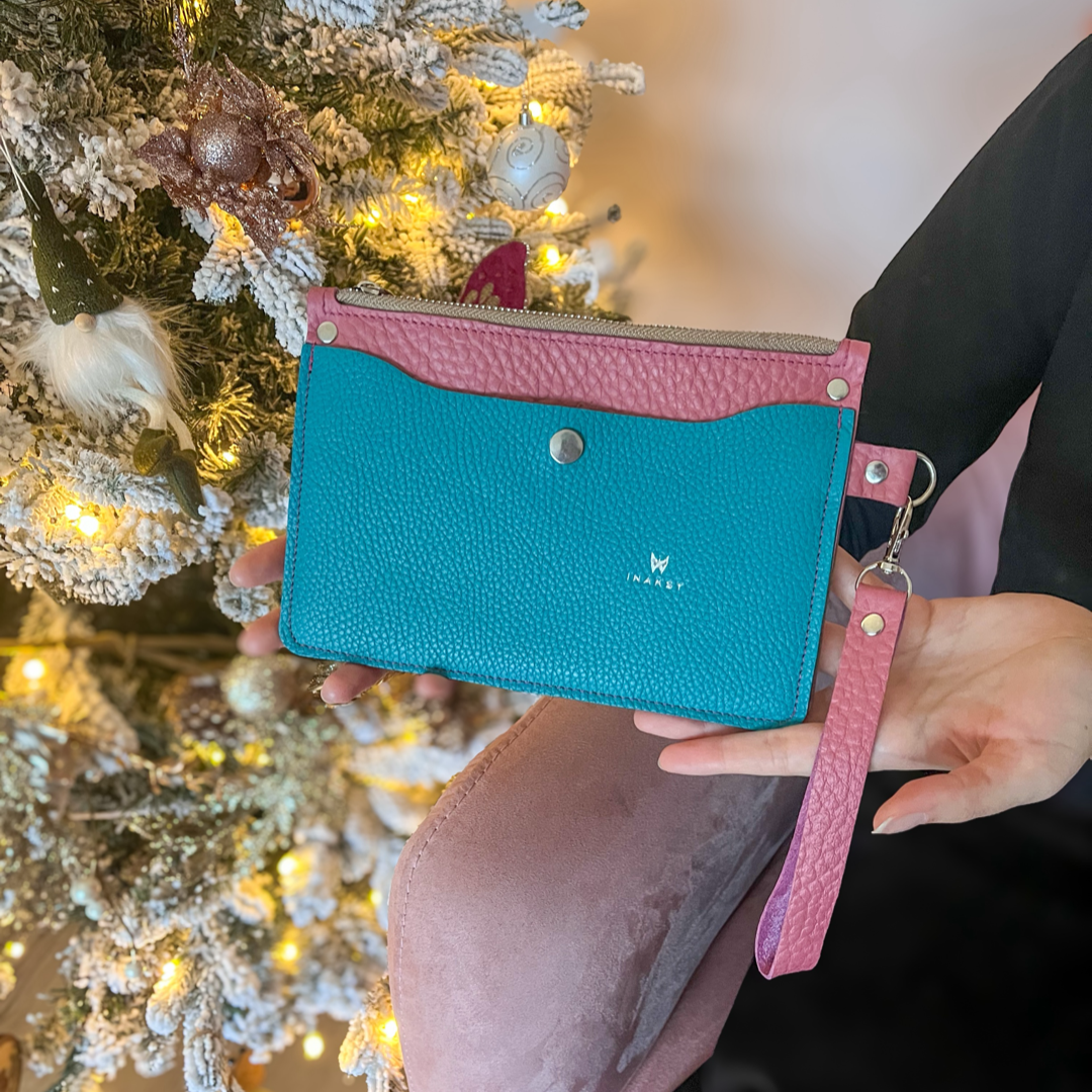 Pink Cowhide Italian Leather Wallet Clutch with Turquoise Leather Front Pocket