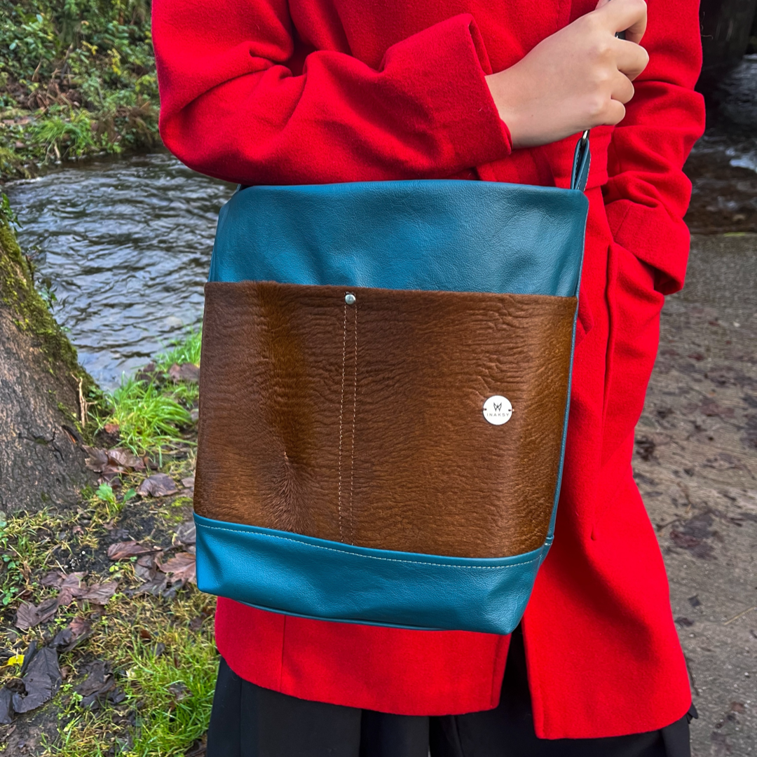 Teal Cowhide Leather Exclusive Bag with Pony Hair Front Pockets