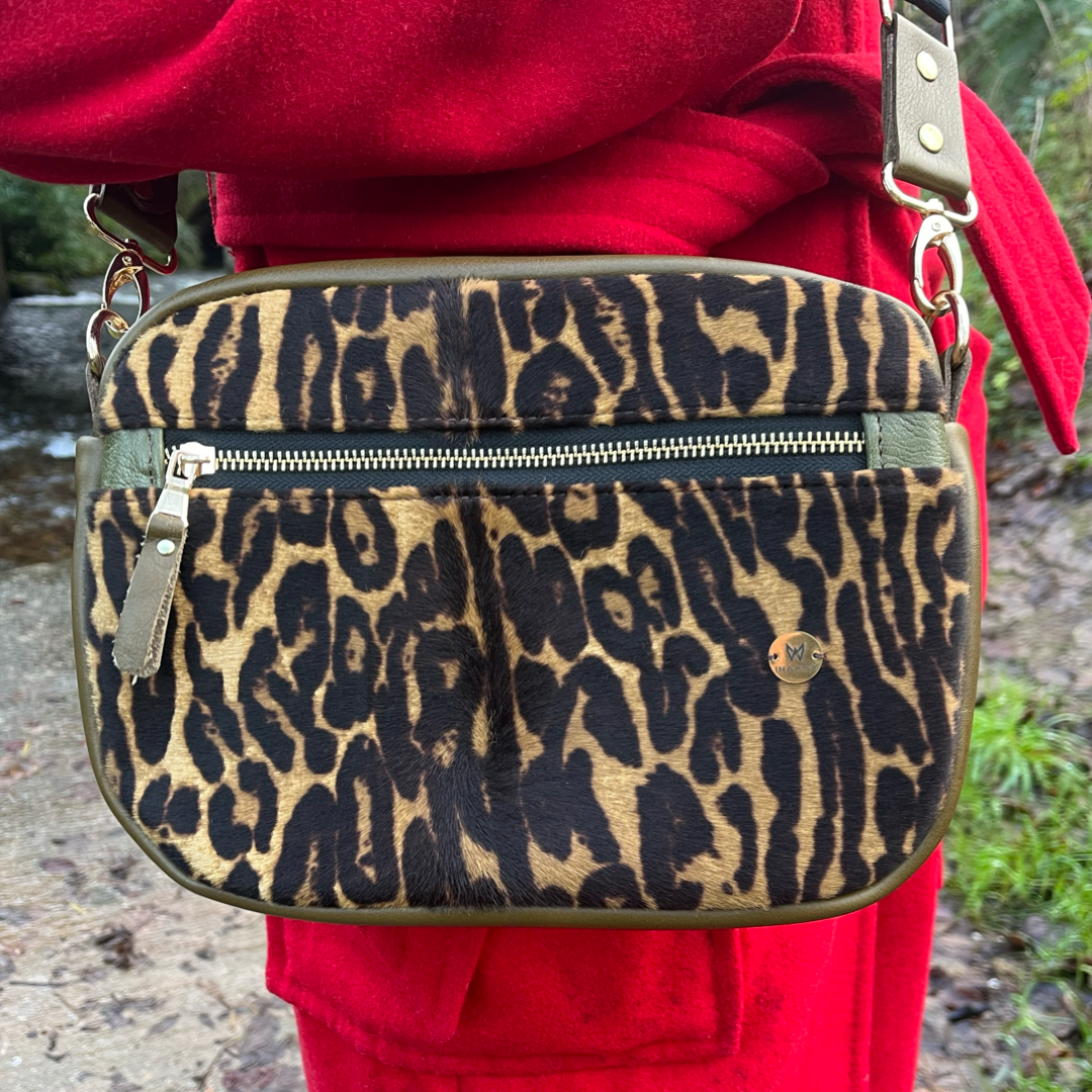 Olive Cowhide Leather Box Bag with Leopard Hair-On