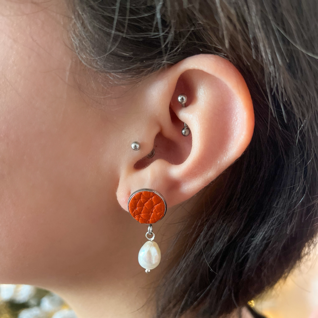 Leather Freshwater Pearls Stud Earrings (Orange)