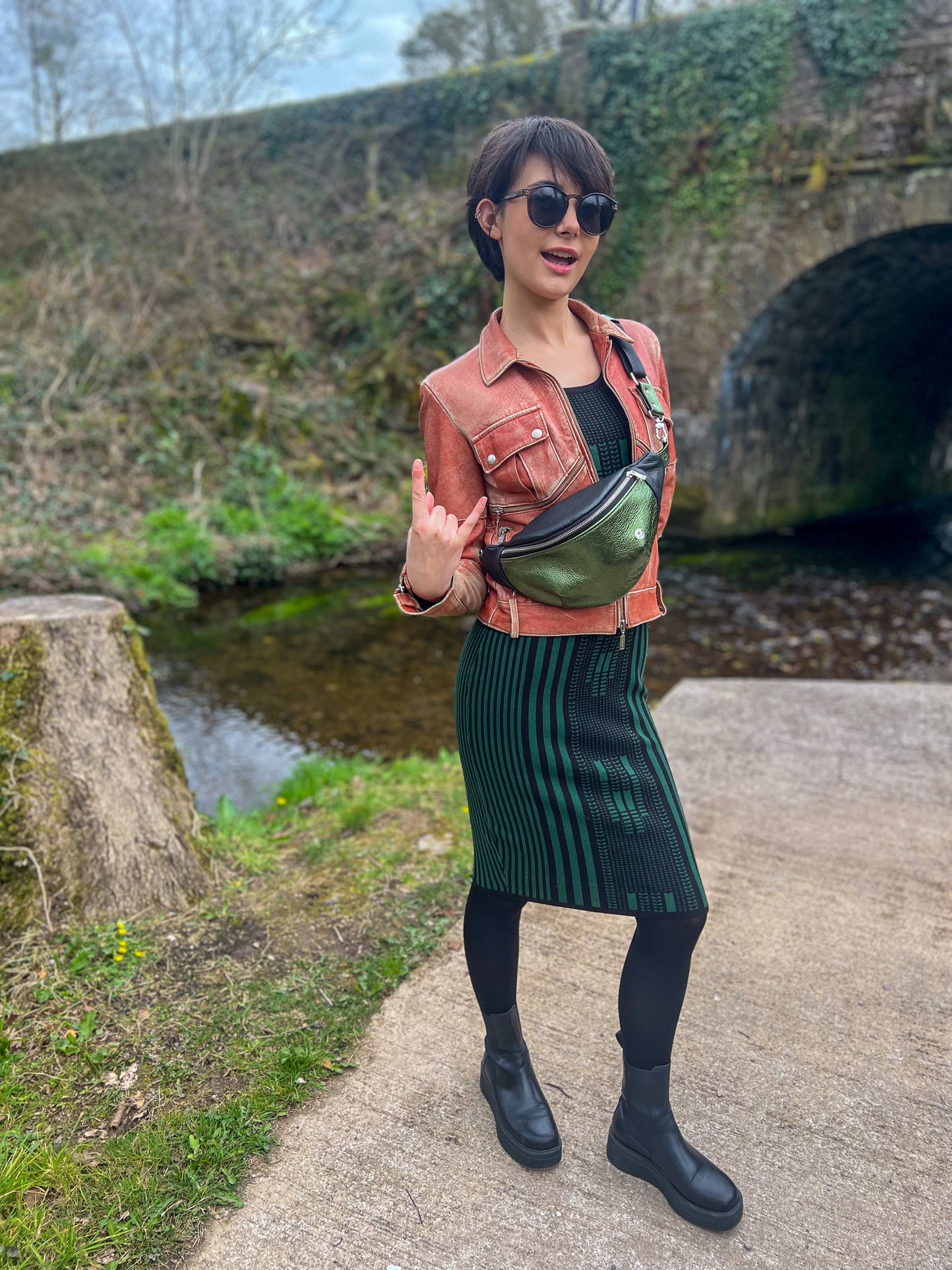 Leather Black and Green Bum Bag